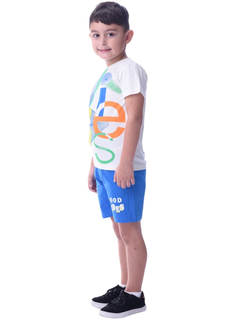Victor & Jane Boys' Comfortable 2-Piece T-Shirt & Shorts Set (2-8 Years) Off-White & Blue, 100% Cotton