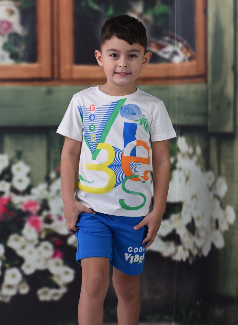 Victor & Jane Boys' Comfortable 2-Piece T-Shirt & Shorts Set (2-8 Years) Off-White & Blue, 100% Cotton