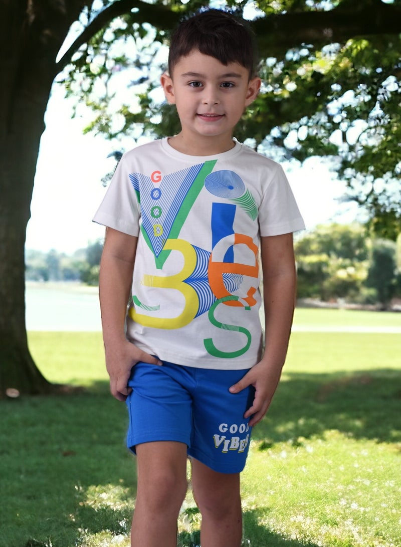 Victor & Jane Boys' Comfortable 2-Piece T-Shirt & Shorts Set (2-8 Years) Off-White & Blue, 100% Cotton