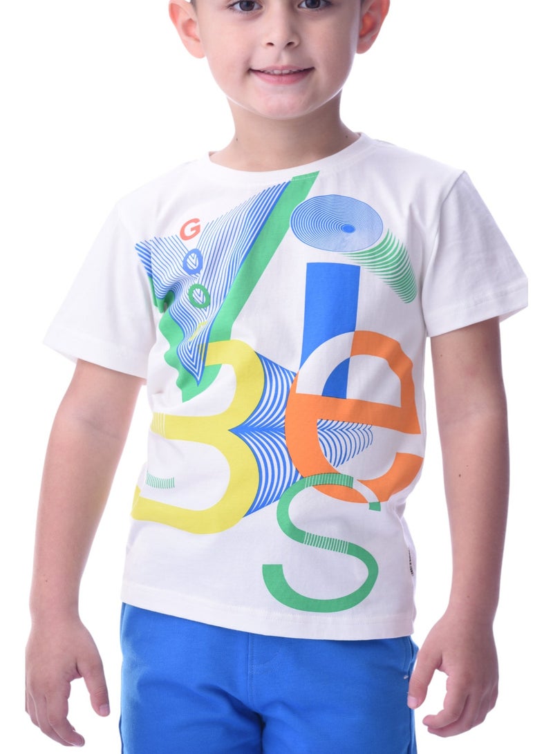 Victor & Jane Boys' Comfortable 2-Piece T-Shirt & Shorts Set (2-8 Years) Off-White & Blue, 100% Cotton