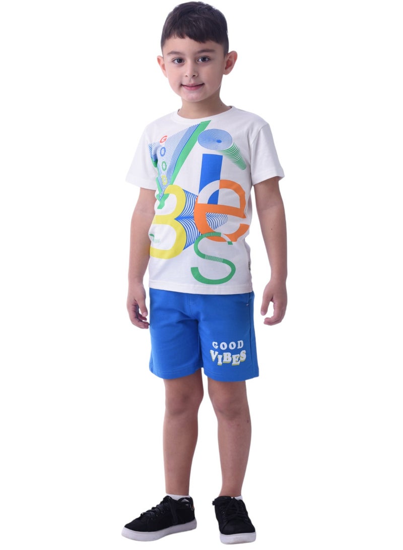 Victor & Jane Boys' Comfortable 2-Piece T-Shirt & Shorts Set (2-8 Years) Off-White & Blue, 100% Cotton