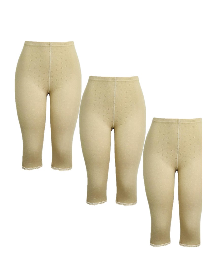 3- Pieces Women's Perforated Cotton Bermuda Beige