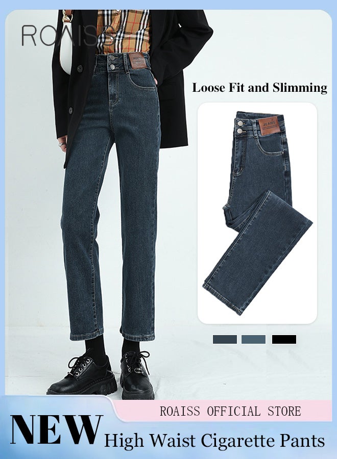 Women Highwaisted Cigarette Pants Loose Straight Pants Womens Versatile Jeans Solid Color Design High Waisted Slimming Womens Cropped Pants
