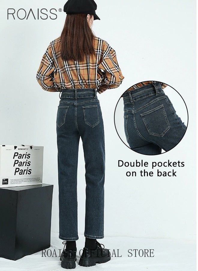Women Highwaisted Cigarette Pants Loose Straight Pants Womens Versatile Jeans Solid Color Design High Waisted Slimming Womens Cropped Pants