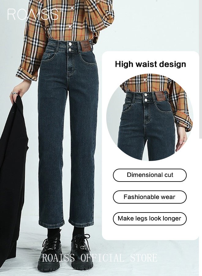 Women Highwaisted Cigarette Pants Loose Straight Pants Womens Versatile Jeans Solid Color Design High Waisted Slimming Womens Cropped Pants