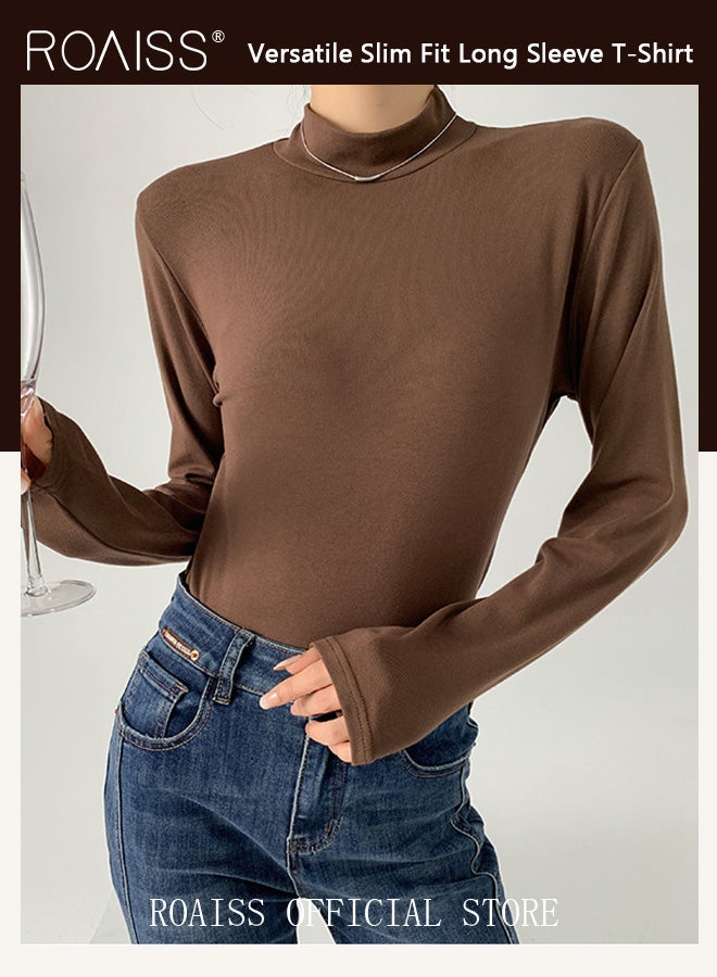 Women Mock Neck Base Layer Top Solid Color Design Slim Fit Versatile Long Sleeve Women T-Shirt Skin Friendly Fabric Comfortable and Breathable Flattering for All Body Types Ideal for Work and School