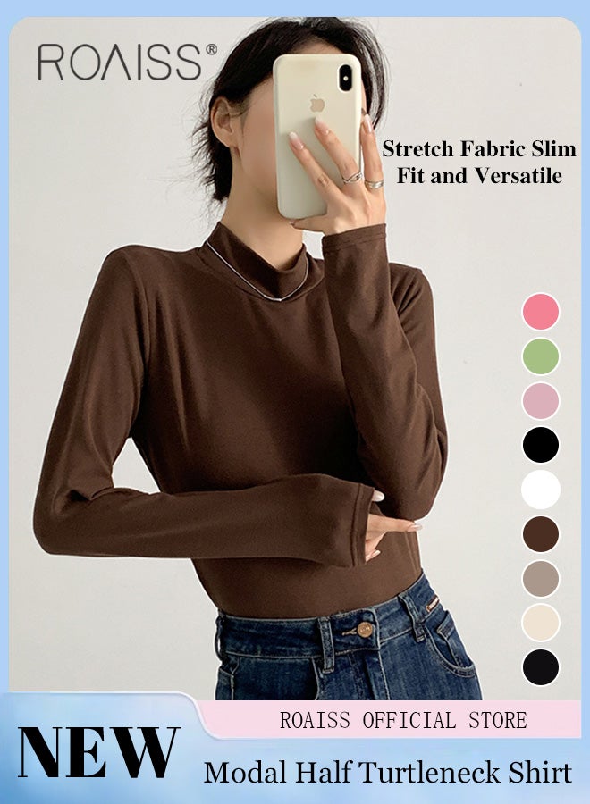 Women Mock Neck Base Layer Top Solid Color Design Slim Fit Versatile Long Sleeve Women T-Shirt Skin Friendly Fabric Comfortable and Breathable Flattering for All Body Types Ideal for Work and School