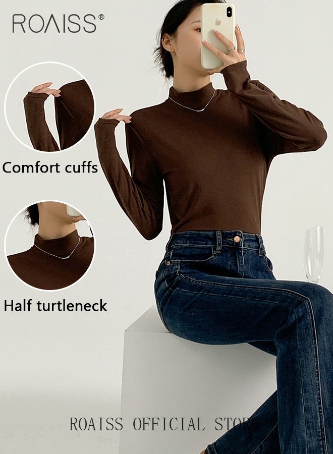 Women Mock Neck Base Layer Top Solid Color Design Slim Fit Versatile Long Sleeve Women T-Shirt Skin Friendly Fabric Comfortable and Breathable Flattering for All Body Types Ideal for Work and School