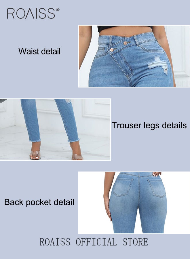 Plus Size Women Denim Pants Solid Color Skinny Fit Distressed Jeans Leg Flattering Design Fashionable and Versatile Suitable for School and Commuting