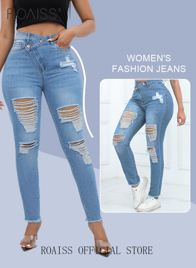 Plus Size Women Denim Pants Solid Color Skinny Fit Distressed Jeans Leg Flattering Design Fashionable and Versatile Suitable for School and Commuting