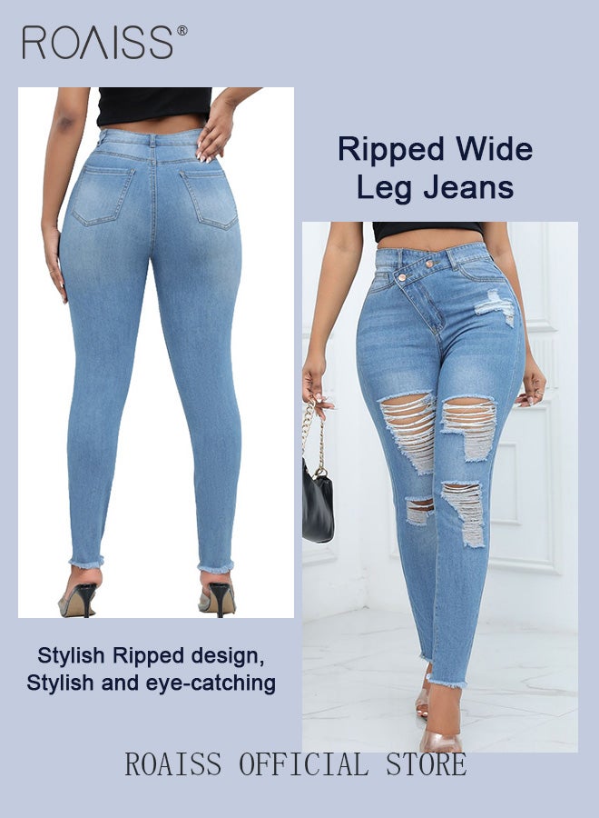 Plus Size Women Denim Pants Solid Color Skinny Fit Distressed Jeans Leg Flattering Design Fashionable and Versatile Suitable for School and Commuting