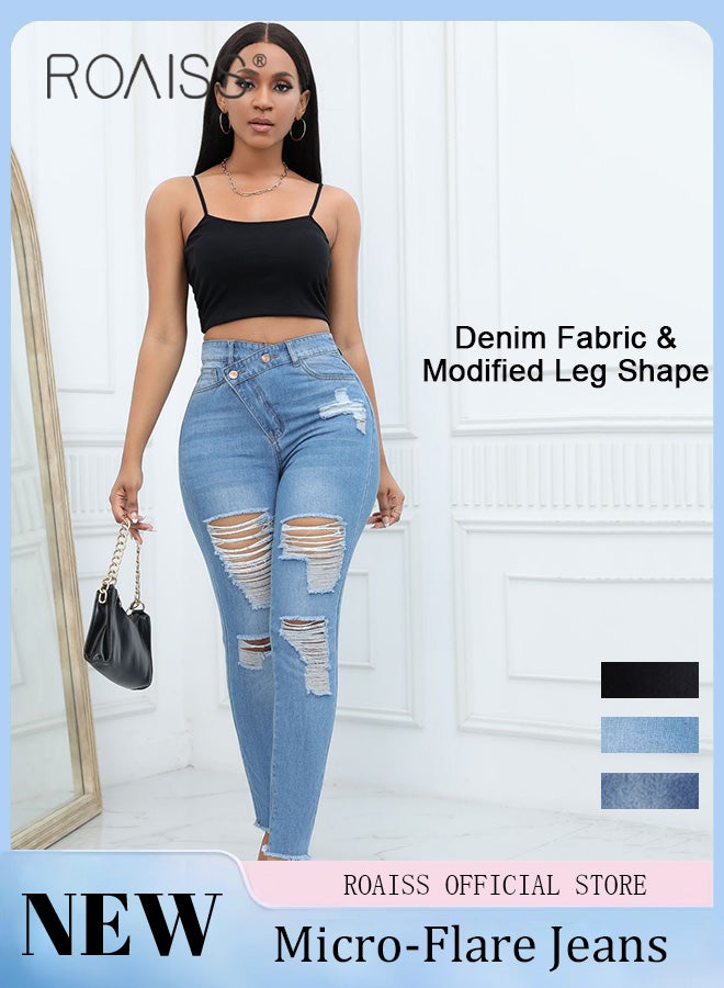 Plus Size Women Denim Pants Solid Color Skinny Fit Distressed Jeans Leg Flattering Design Fashionable and Versatile Suitable for School and Commuting