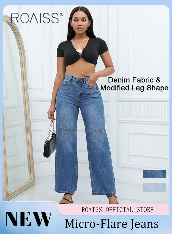 Plus Size Women Denim Pants Solid Color Wide Leg Flared Trousers Leg Flattering Design Fashionable and Versatile Suitable for School and Commuting