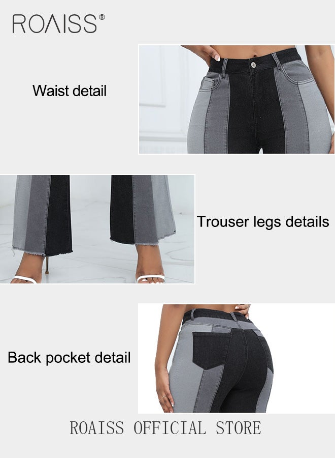 Plus Size Women Denim Pants Patchwork Fabric Wide Leg Flared Trousers Leg Flattering Design Fashionable and Versatile Suitable for School and Commuting