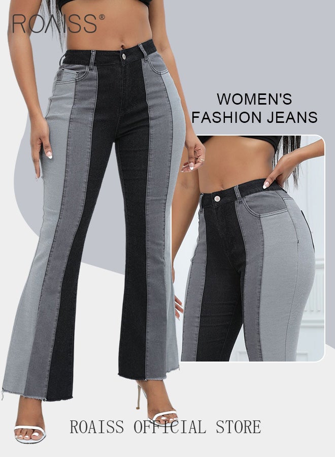 Plus Size Women Denim Pants Patchwork Fabric Wide Leg Flared Trousers Leg Flattering Design Fashionable and Versatile Suitable for School and Commuting
