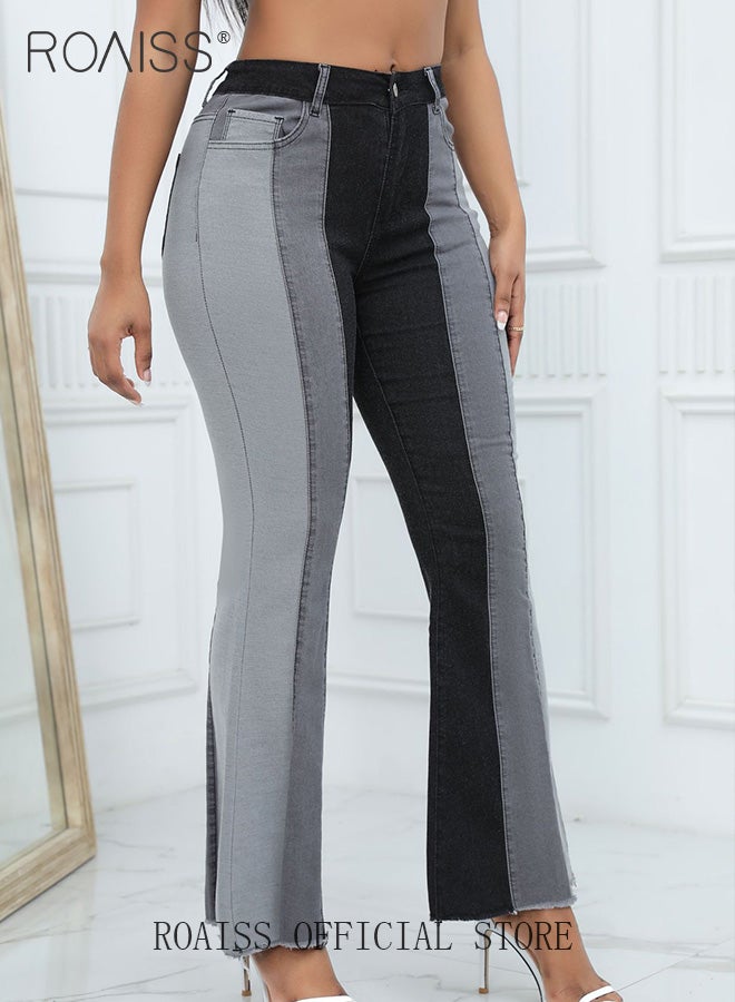 Plus Size Women Denim Pants Patchwork Fabric Wide Leg Flared Trousers Leg Flattering Design Fashionable and Versatile Suitable for School and Commuting