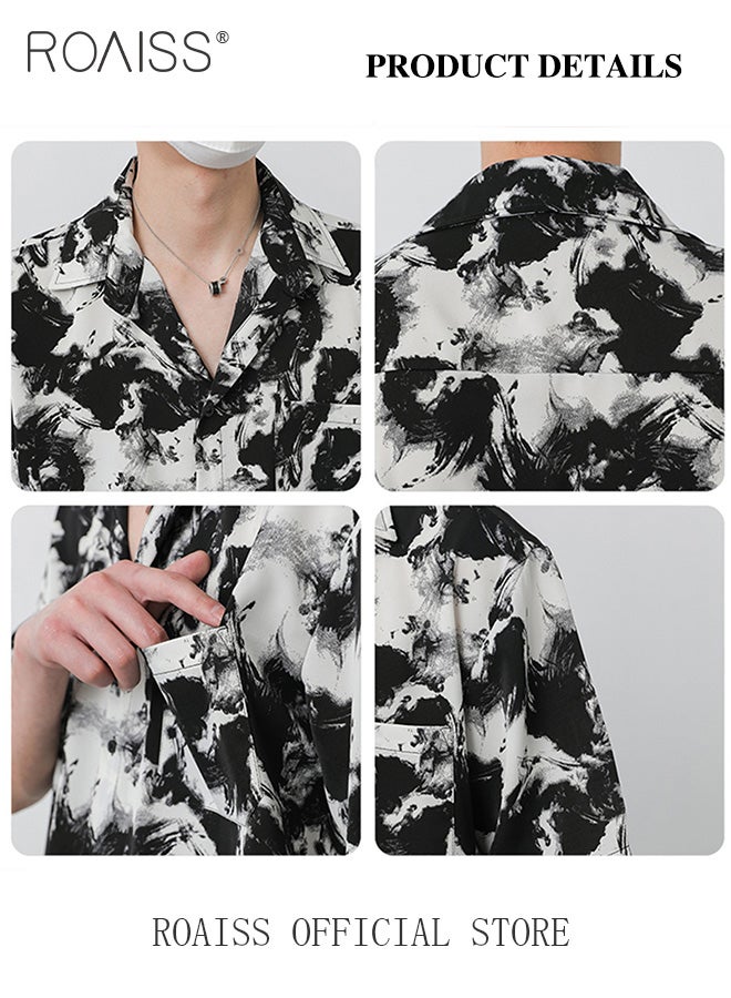 Men Printed Shirt Loose Fit Stand Collar Flowy Silhouette Ink Splash Print Design Youthful and Fashionable Shirt for Casual and Business Occasions