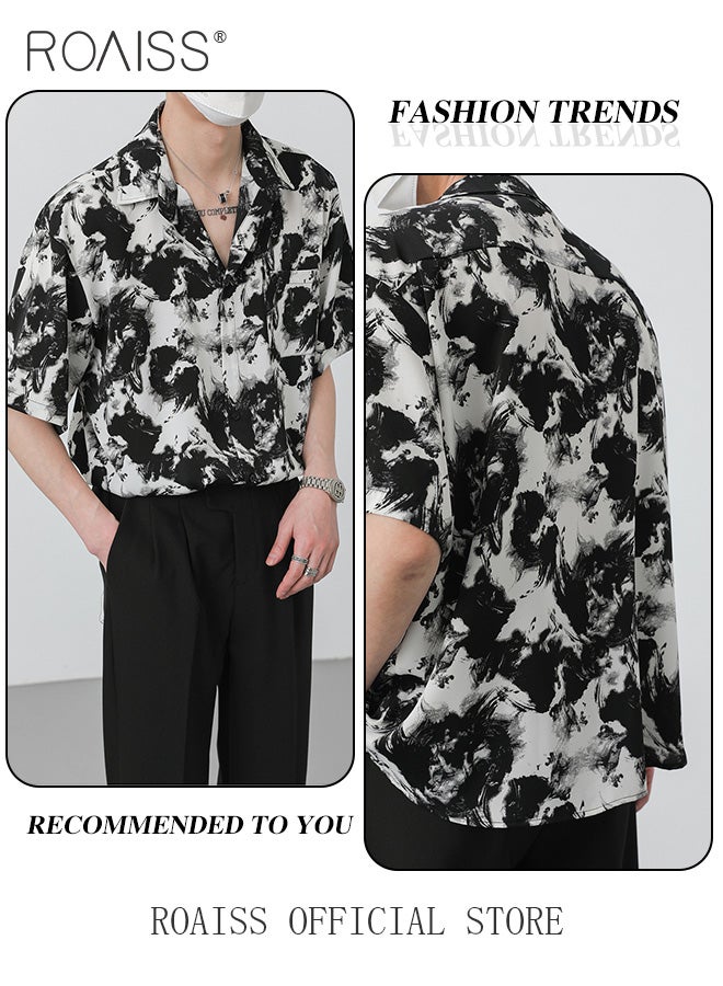 Men Printed Shirt Loose Fit Stand Collar Flowy Silhouette Ink Splash Print Design Youthful and Fashionable Shirt for Casual and Business Occasions