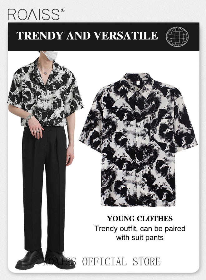Men Printed Shirt Loose Fit Stand Collar Flowy Silhouette Ink Splash Print Design Youthful and Fashionable Shirt for Casual and Business Occasions
