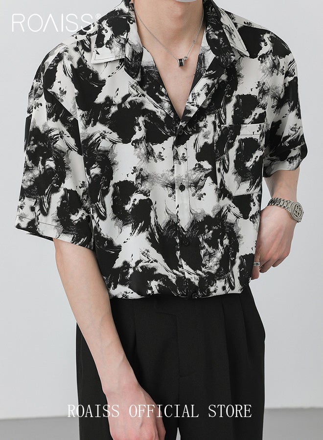 Men Printed Shirt Loose Fit Stand Collar Flowy Silhouette Ink Splash Print Design Youthful and Fashionable Shirt for Casual and Business Occasions