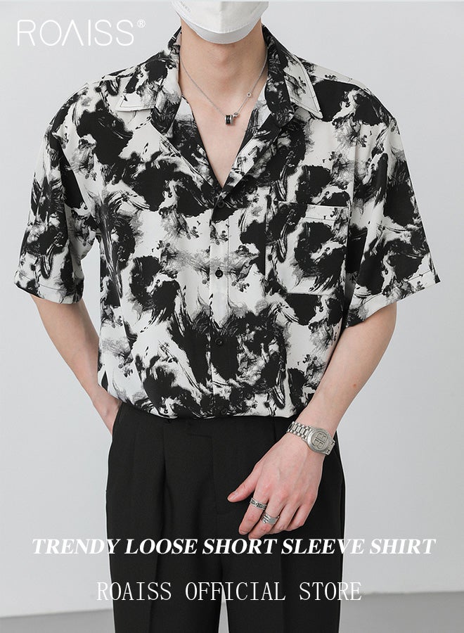 Men Printed Shirt Loose Fit Stand Collar Flowy Silhouette Ink Splash Print Design Youthful and Fashionable Shirt for Casual and Business Occasions