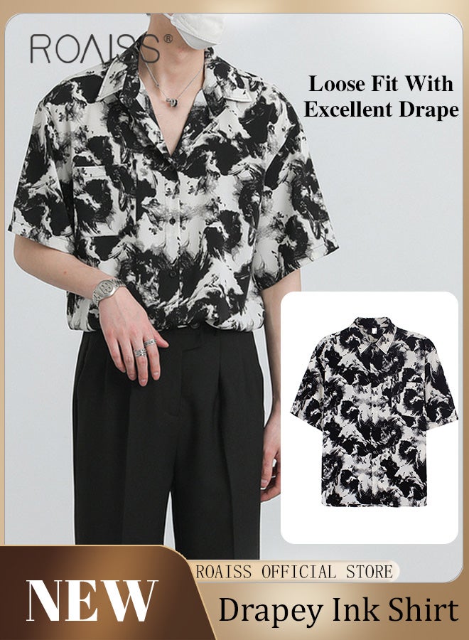 Men Printed Shirt Loose Fit Stand Collar Flowy Silhouette Ink Splash Print Design Youthful and Fashionable Shirt for Casual and Business Occasions
