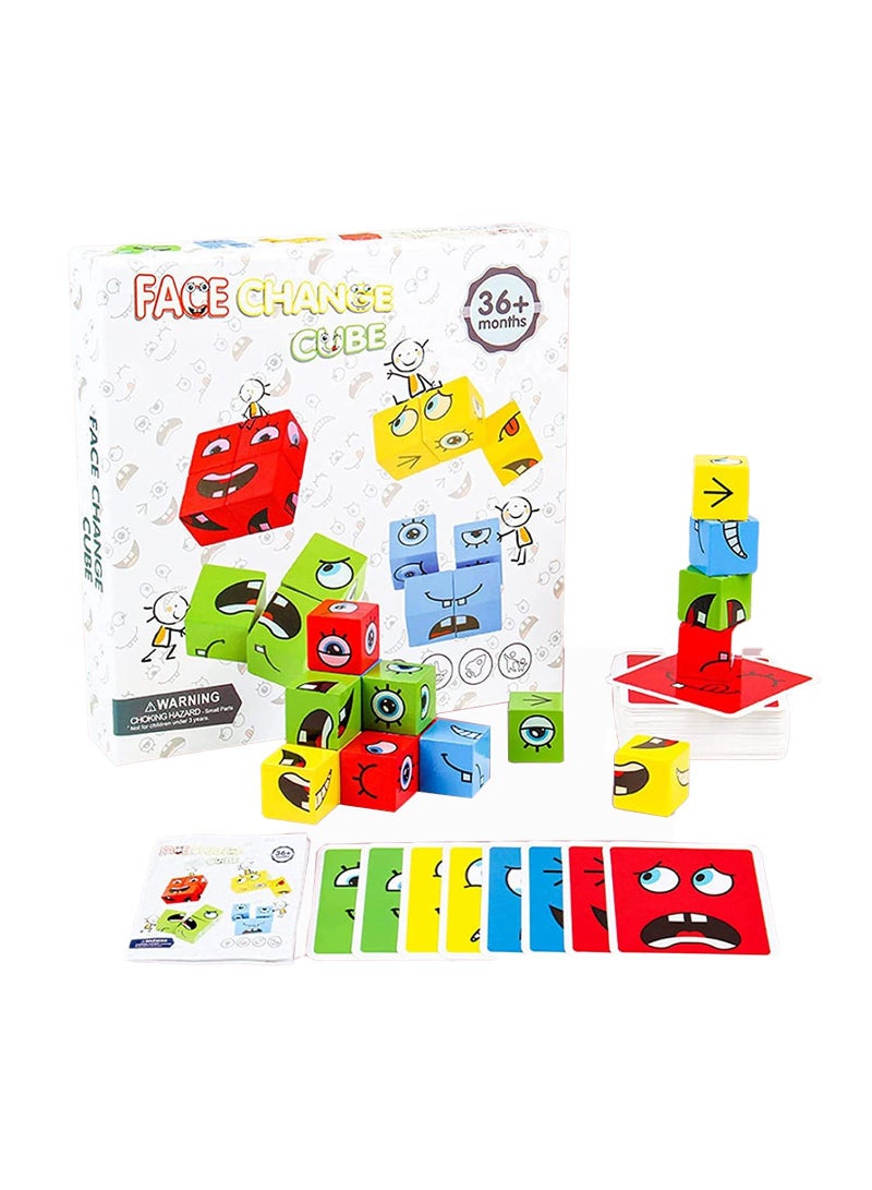 Expression Puzzle Building Cubes, Wooden Face-Changing Magic Cube Blocks Matching Game Logical Thinking Training Brain Toy Board Games Educational Montessori Toys for Kids 36+ Months
