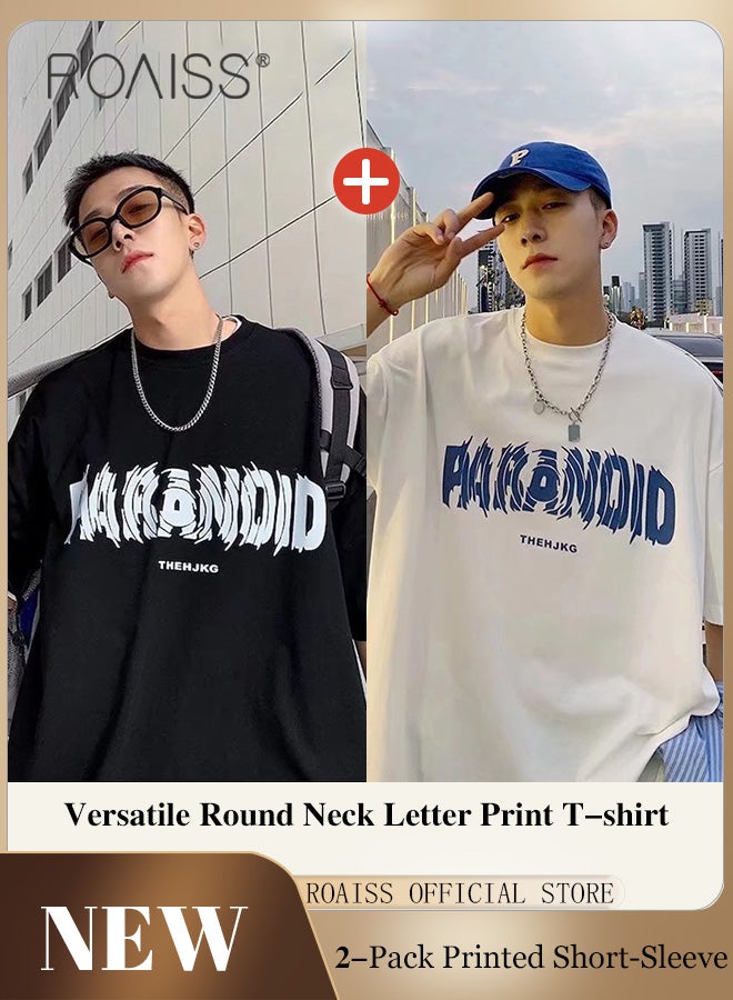 Men 2-Piece Short Sleeve Set Letter Print Cotton T-shirts Loose Fit with 3D Printed Round Neck Design Trendy and Versatile Fashion