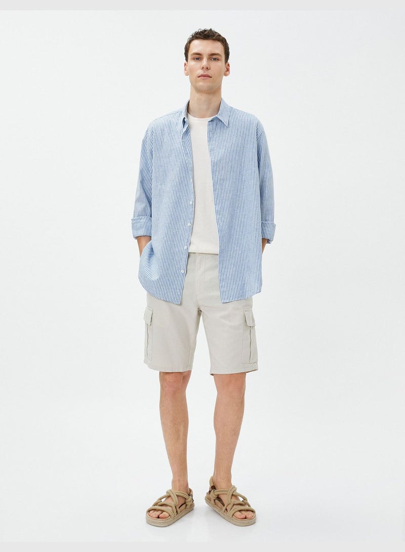 Linen Blend Cargo Shorts Pocket Detailed Buttoned