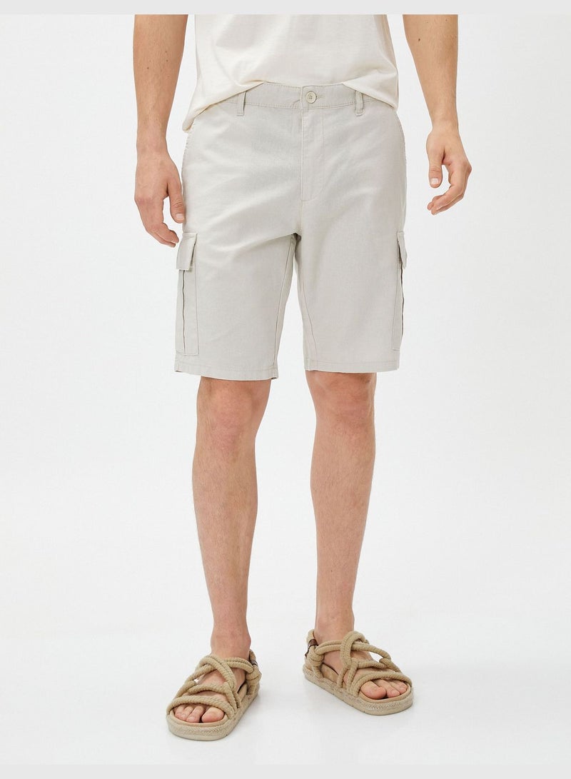 Linen Blend Cargo Shorts Pocket Detailed Buttoned