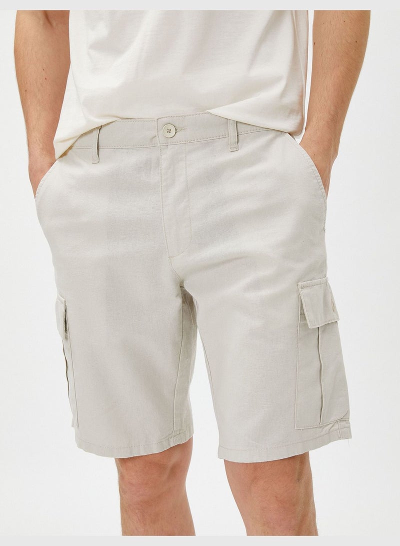 Linen Blend Cargo Shorts Pocket Detailed Buttoned