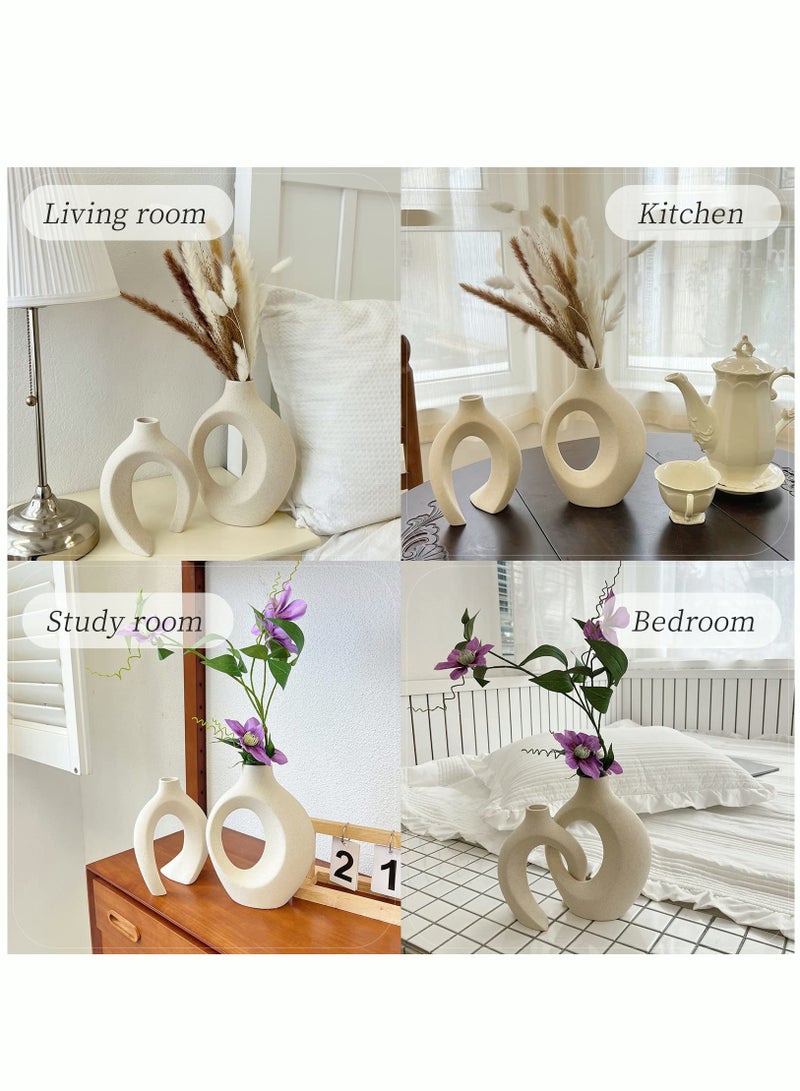 White Ceramic Vase Modern Home Decor Vase Set of 2 Circle Matte Hollow Donut Pampas Flower Vases Nordic Boho Ins Style for Wedding Dinner Table Living Room Office Bedroom Decor