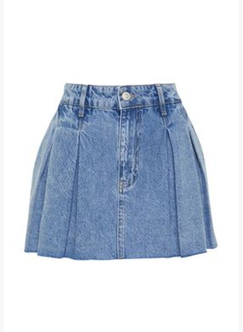 Blue Pleated Low Waist Mini Denim Skirt TWOSS24ET00086