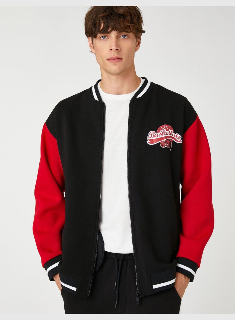 College Jacket Bomber Neck Zipper Detailed Basketball Printed