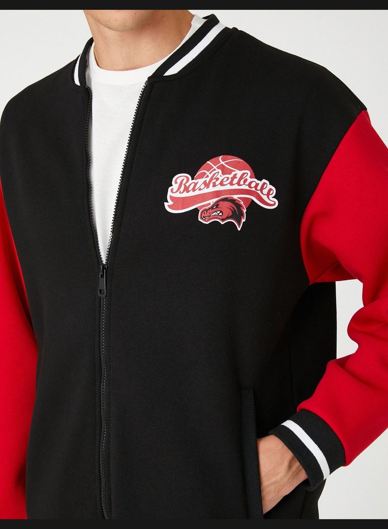 College Jacket Bomber Neck Zipper Detailed Basketball Printed