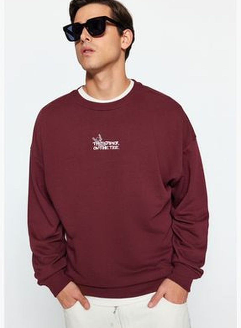 Burgundy Men's Oversize/Wide-Cut Animal Print Thick Cotton Sweatshirt.