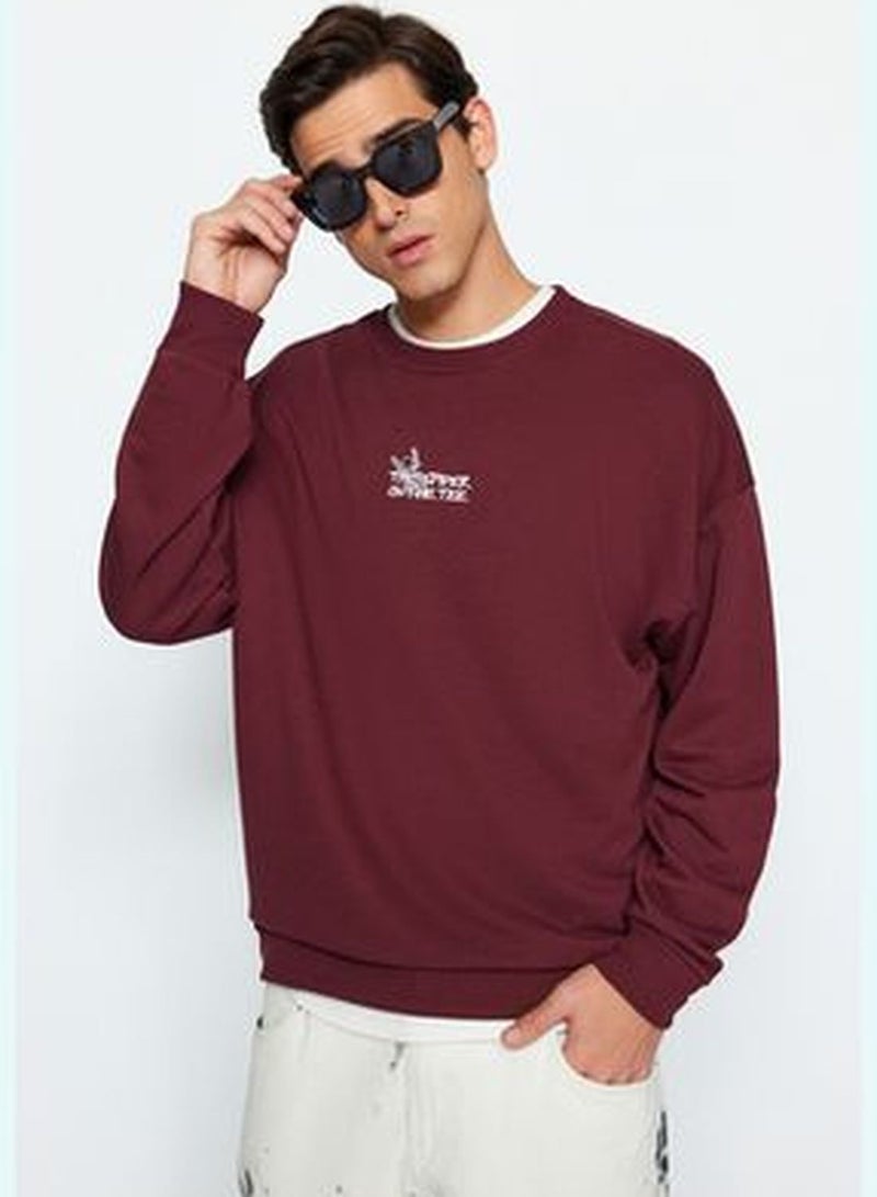Burgundy Men's Oversize/Wide-Cut Animal Print Thick Cotton Sweatshirt.