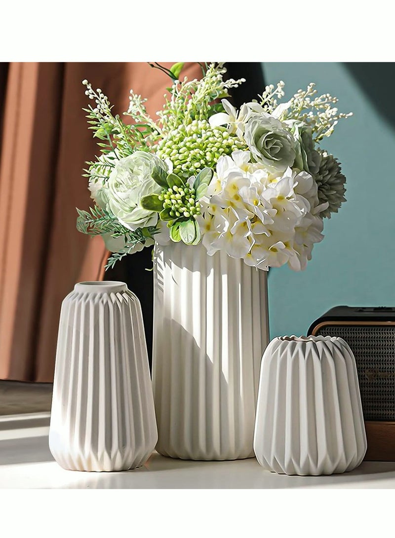 White Ceramic Vase for Decor Modern Minimalist Decor Vase Set of 3 Neutral Small Ribbed Vases for Table Decor Shelf Vases for Decoration Bookshelf Decor Vase and Entryway Decor Vase