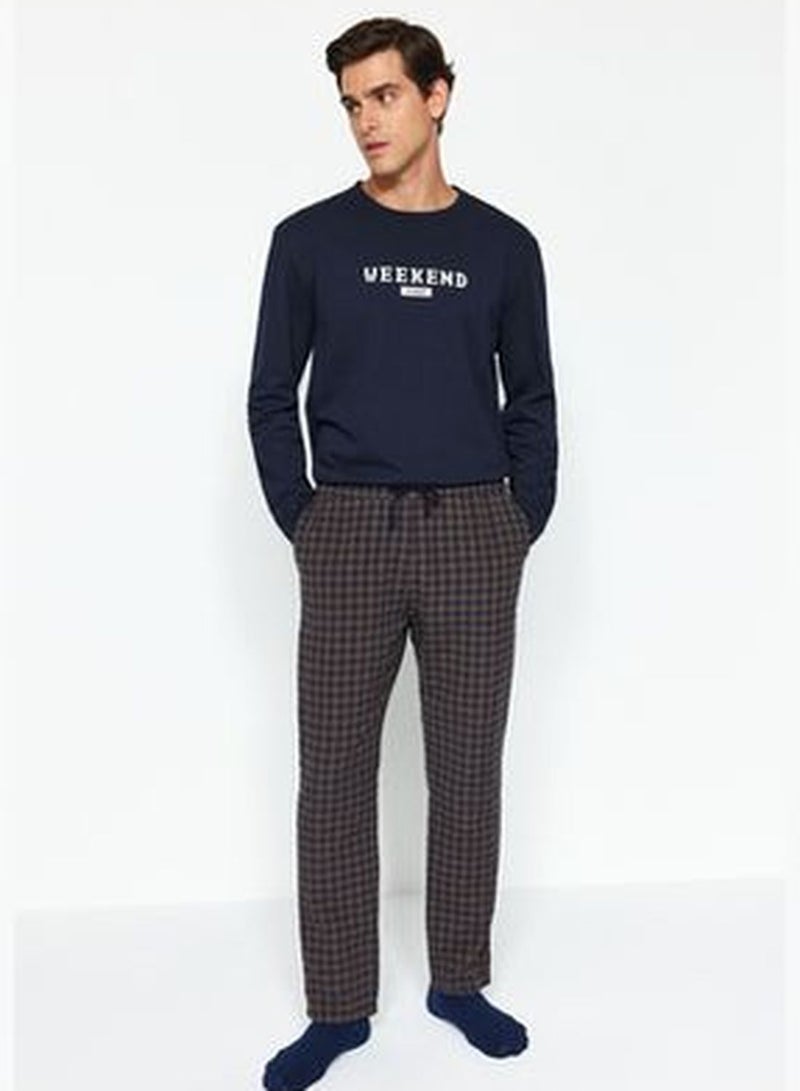Men's Navy Blue Comfortable Fit Checkered Weave Pajama Bottoms.