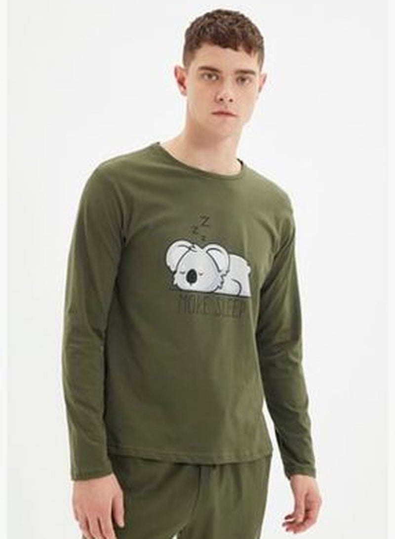 Khaki Men's Regular Fit Koala Printed Pajamas Set