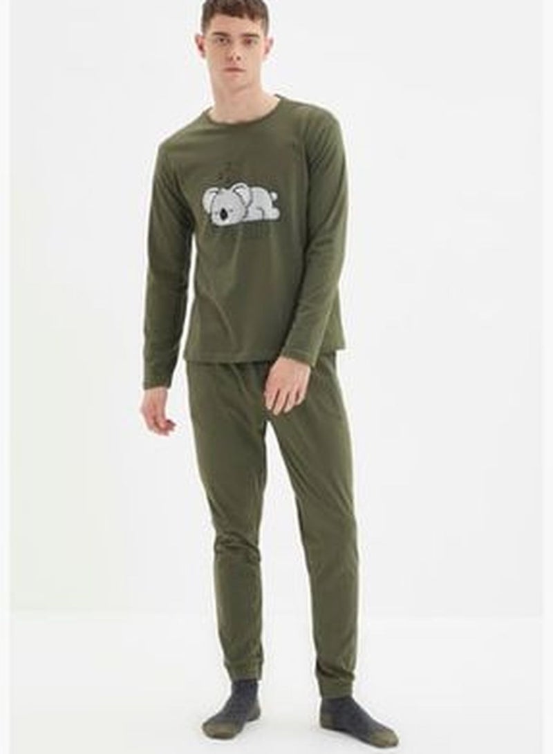 Khaki Men's Regular Fit Koala Printed Pajamas Set