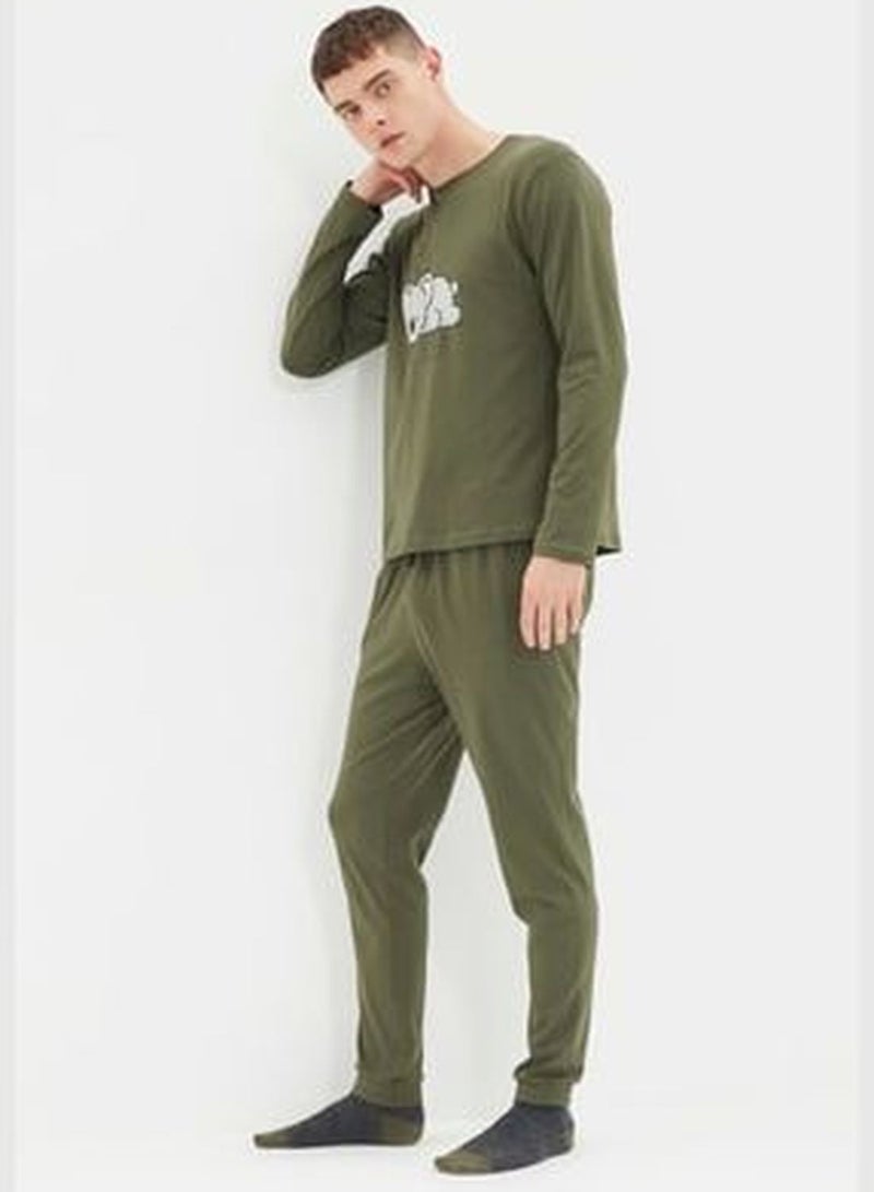 Khaki Men's Regular Fit Koala Printed Pajamas Set
