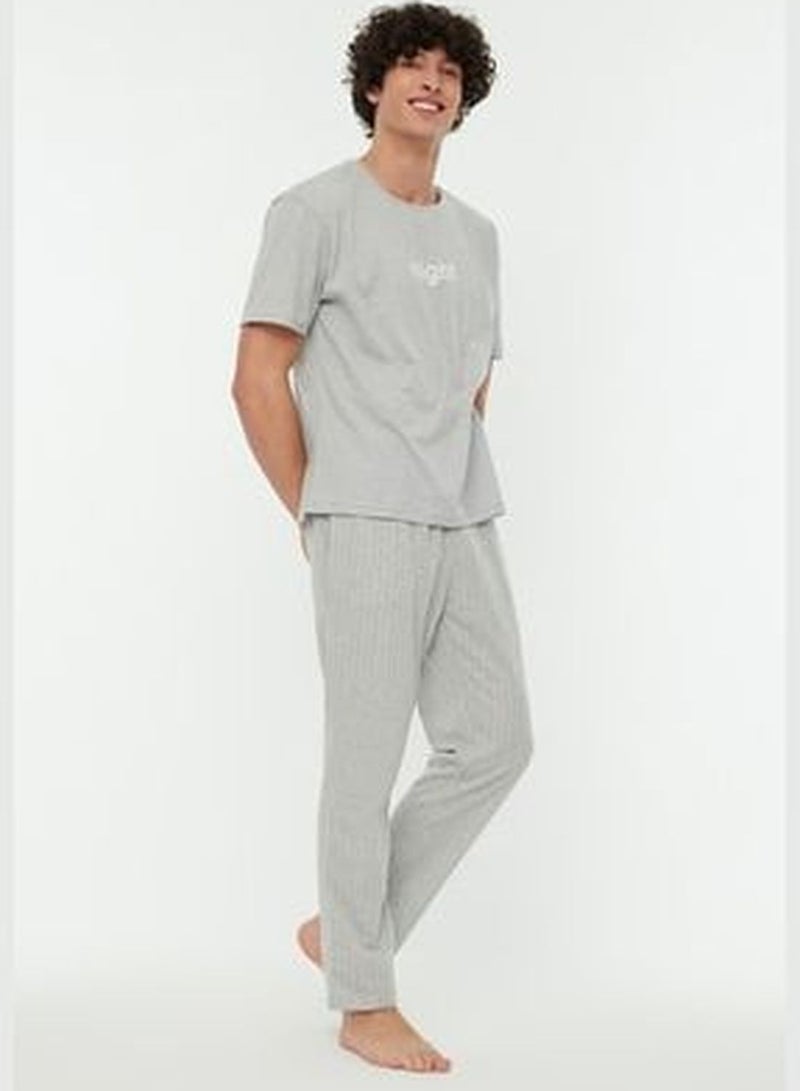 Gray Men's Printed Knitted Pajamas Set THMAW21PT0393
