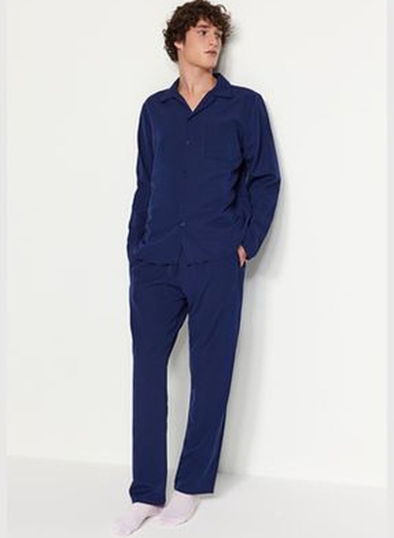 Navy Blue Men's Regular Fit Plaid Weave Pajamas Set.