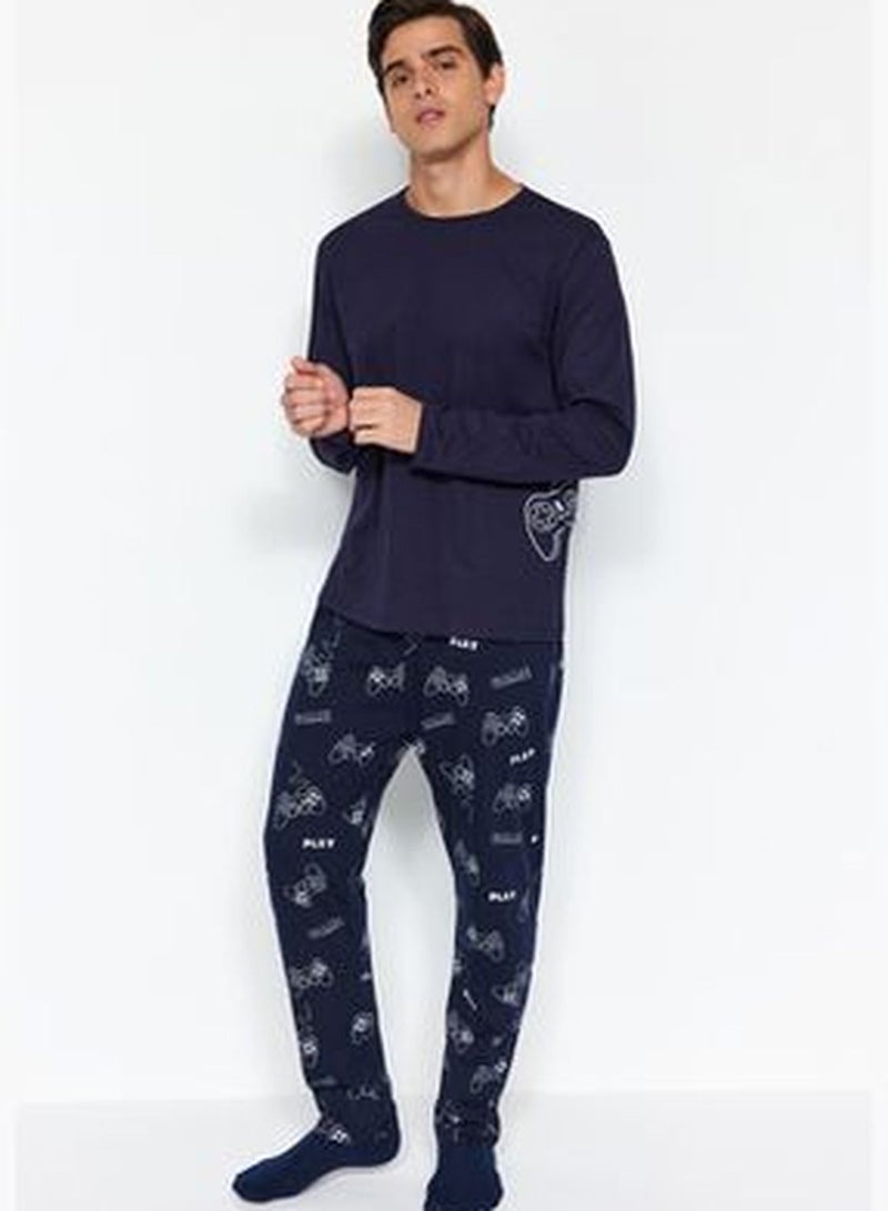 Men's Navy Regular Fit Printed Knitted Pajamas Set