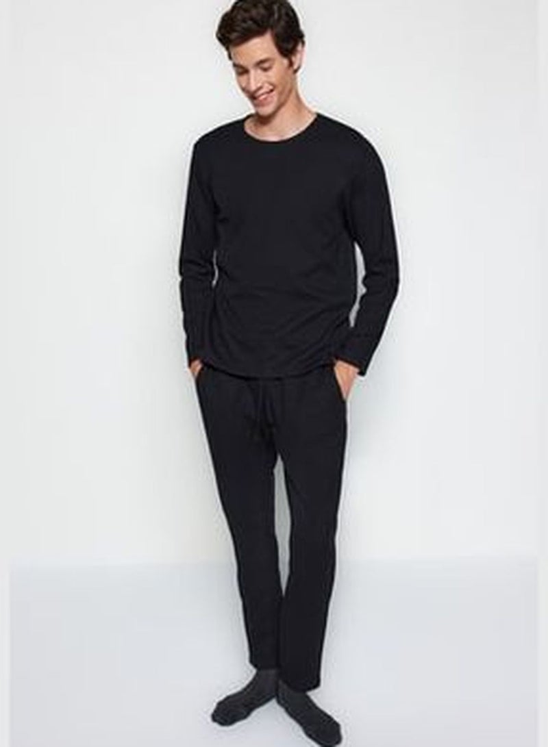 Men's Black Regular Fit Waffle Knitted Pajamas Set.