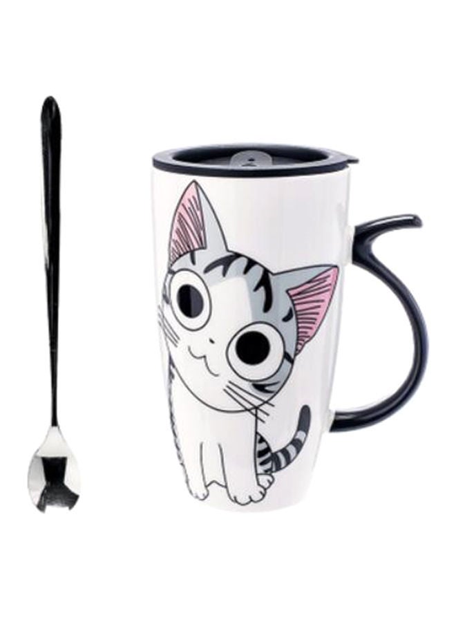 Cat Printed Ceramic Mug With Lid And Spoon White/Grey/Pink 16x9centimeter