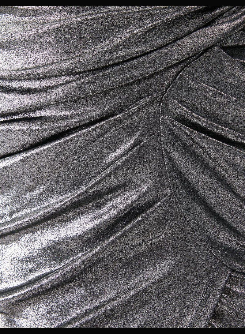 Gleamy Foil Printed Midi Skirt Slit and Draped Detail
