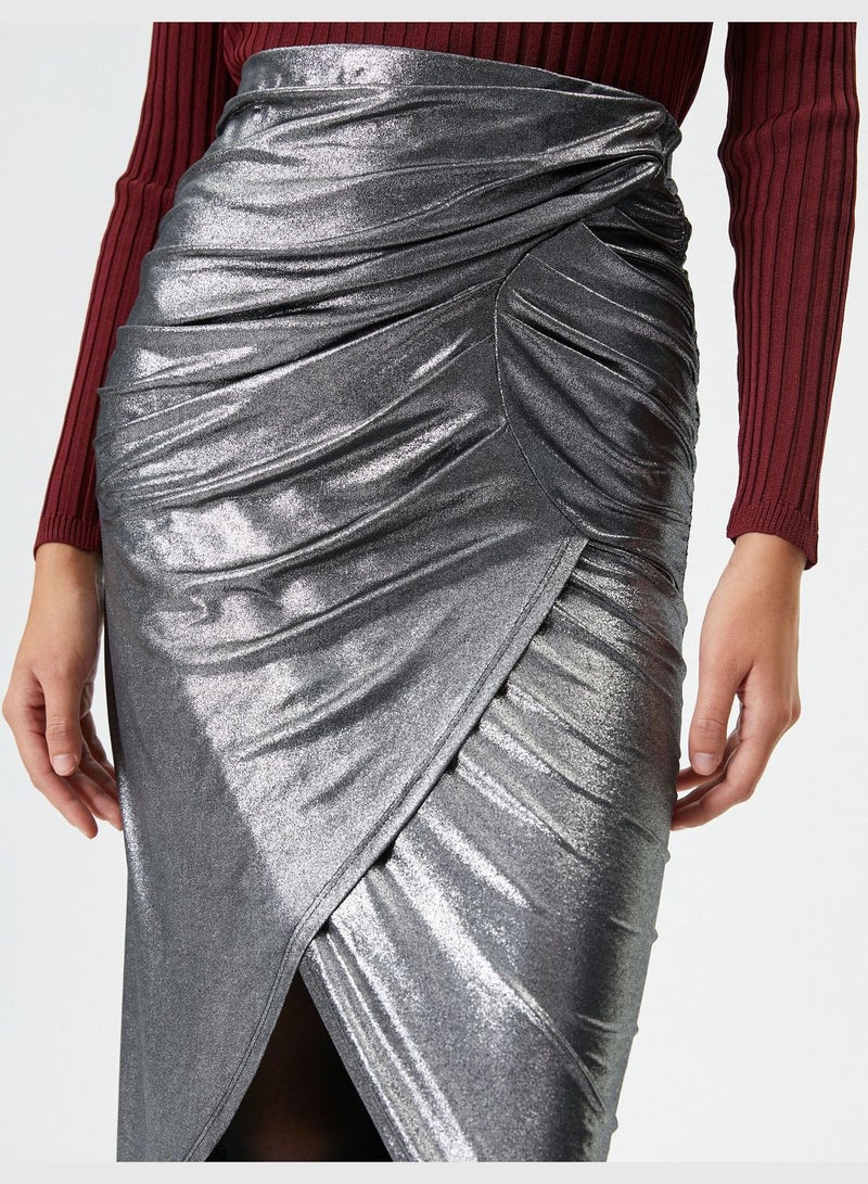 Gleamy Foil Printed Midi Skirt Slit and Draped Detail