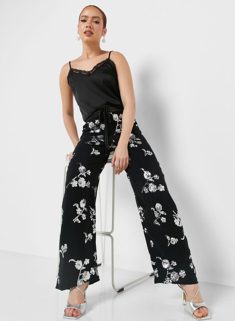 Floral Embroidered Wide Leg Pants